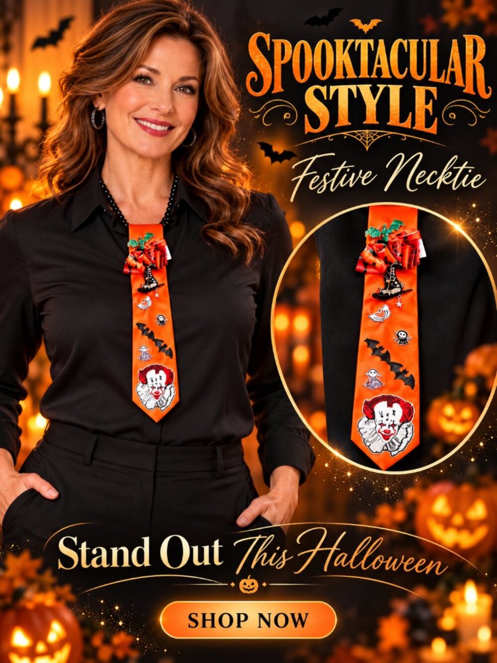 Spooky Orange Embellished Halloween Necktie